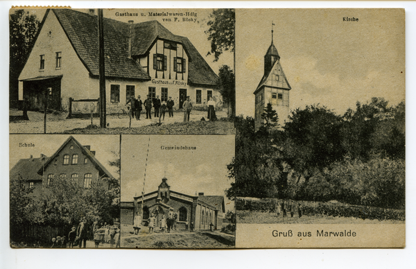 Marwalde, Gasthaus F. Rösky, Schule, Gemeindebau, Kirche
