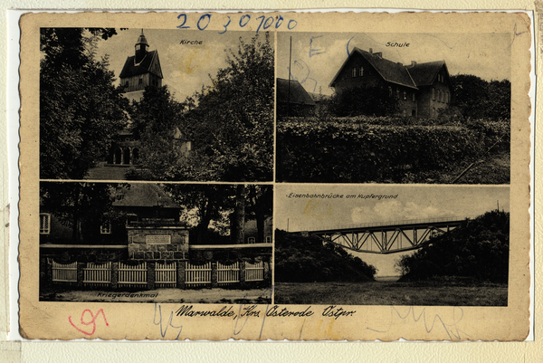 Marwalde, Kirche, Schule, Kriegerdenkmal, Eisenbahnbrücke am Kupfergrund