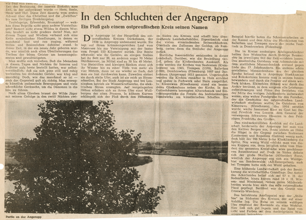 Angerapp, Zeitungsartikel "In den Schluchten der Angerapp" - Ein Fluss gab einem ostpreußischen Kreis seinen Namen