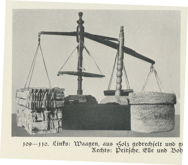 Marienwerder (Kreis), Waagen aus Holz gedrechselt und geschnitzt davor Fischkasten und Lischke