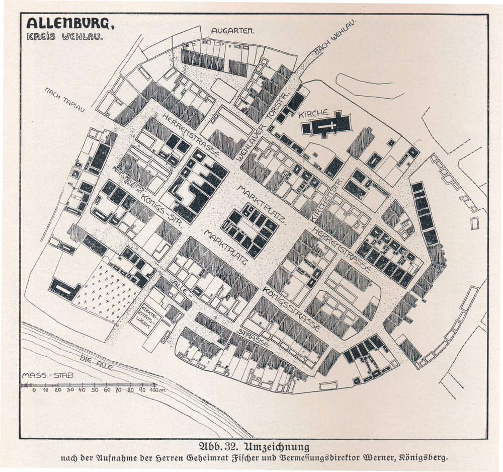 Allenburg, Stadt, zerstörte Wohnhäuser und Nebengebäude und erhaltene Wohnhäuser u. Nebengebäude (Skizze)