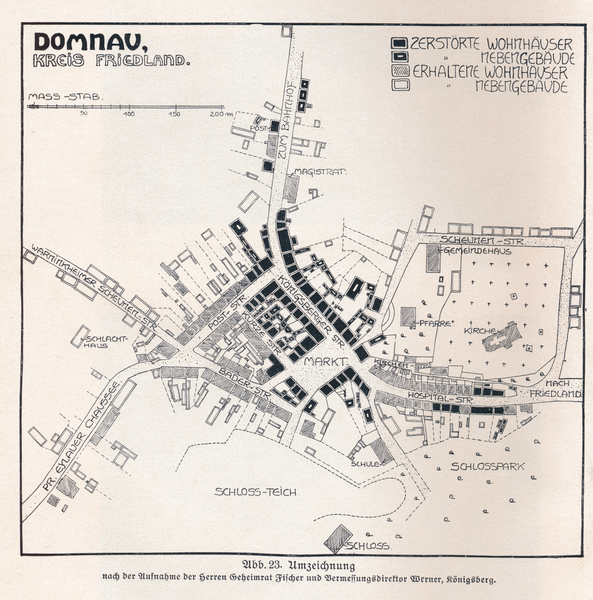 Domnau, Stadt, Zerstörte Wohnhäuser und Nebengebäude und erhaltene Wohnhäuser u. Nebengebäude Skizze