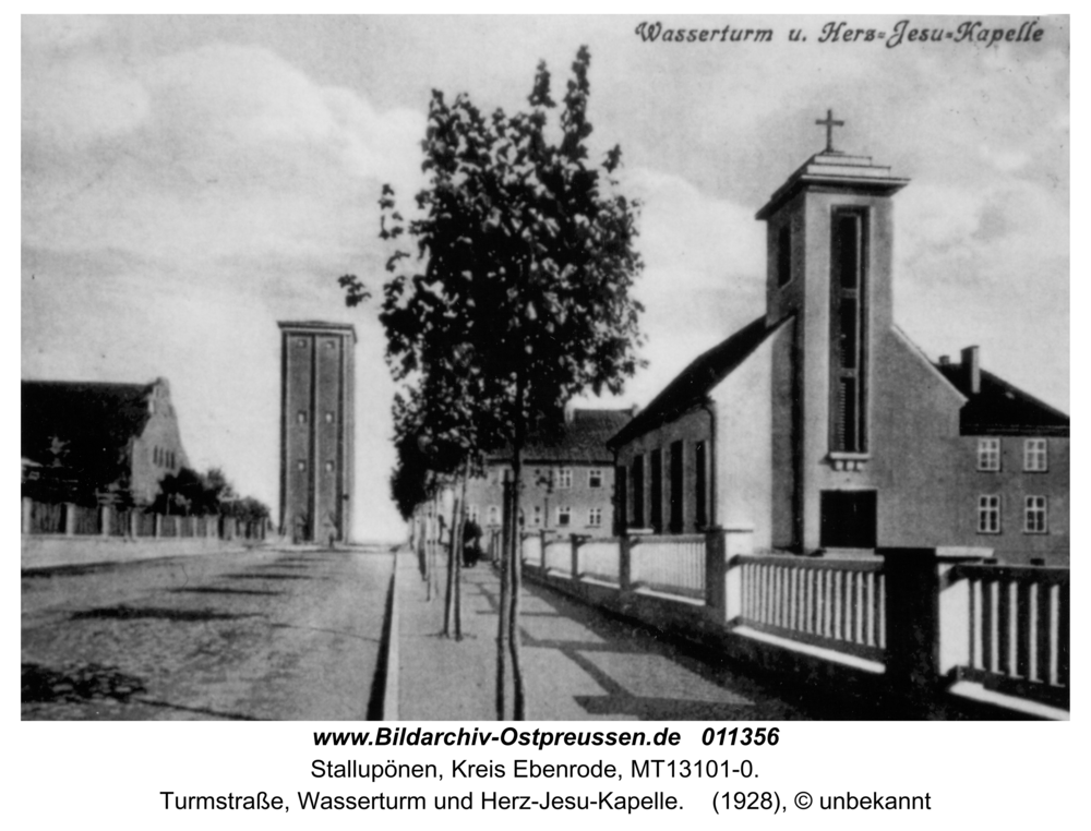 Stallupönen, Turmstraße, Wasserturm und Herz-Jesu-Kapelle