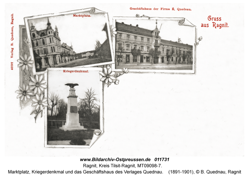 Ragnit, Marktplatz, Kriegerdenkmal und das Geschäftshaus des Verlages Quednau