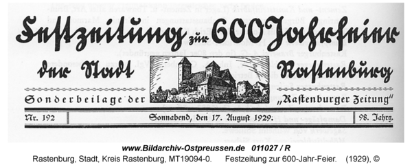 Rastenburg, Festzeitung zur 600-Jahr-Feier
