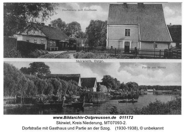 Skirwiet, Dorfstraße mit Gasthaus und Partie an der Szog