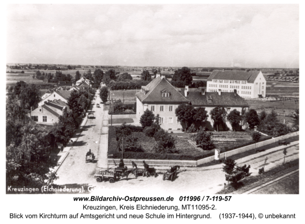 Kreuzingen, Blick vom Kirchturm auf Amtsgericht und neue Schule im Hintergrund