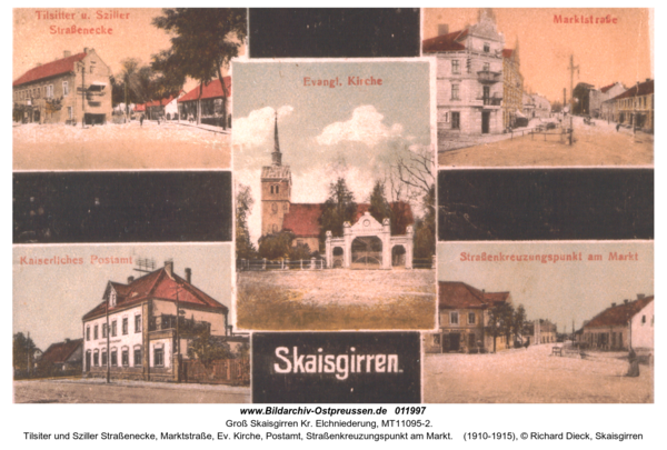 Groß Skaisgirren, Tilsiter und Sziller Straßenecke, Marktstraße, Ev. Kirche, Postamt, Straßenkreuzungspunkt am Markt