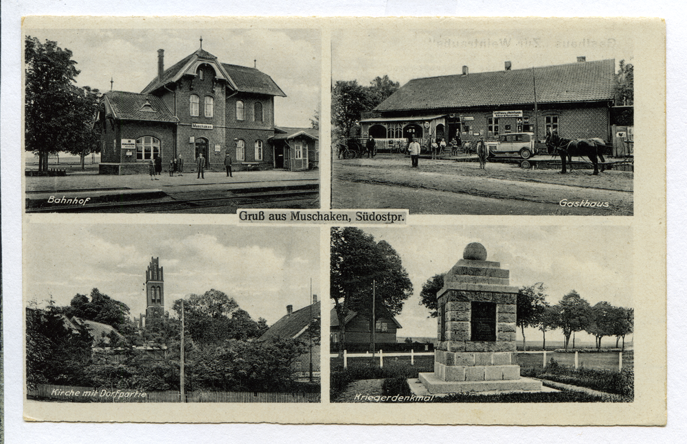 Muschaken, Bahnhof, Gasthaus "Zur Weintraube", Ev. Kirche mit Ortsansicht, Kriegerdenkmal