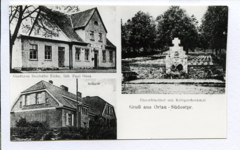 Orlau, Gasthaus "Deutsche Eiche" mit Poststelle, Ehrenfriedhof mit Kriegerdenkmal, Schule