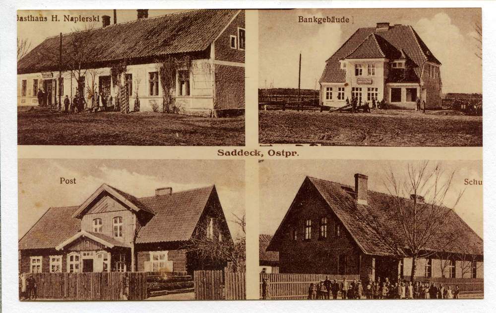 Saddek, Gasthaus H. Napierski, Bankgebäude, Post, Schule