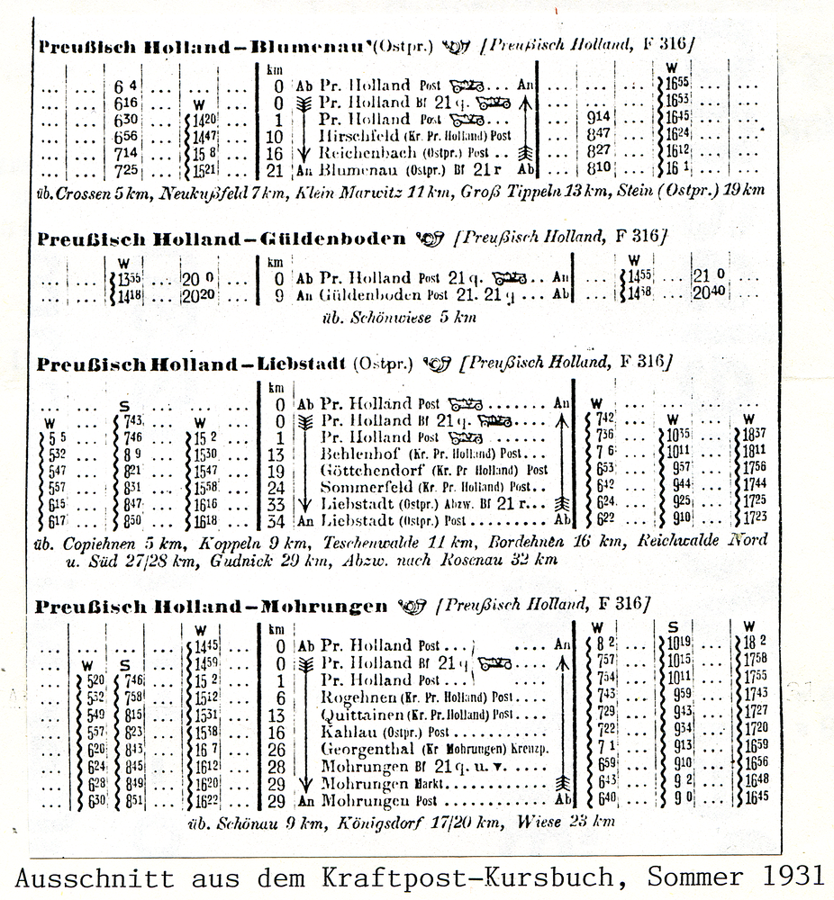 Preußisch Holland, Stadt, Ausschnitt aus dem Kraftpost-Kursbuch Sommer 1931