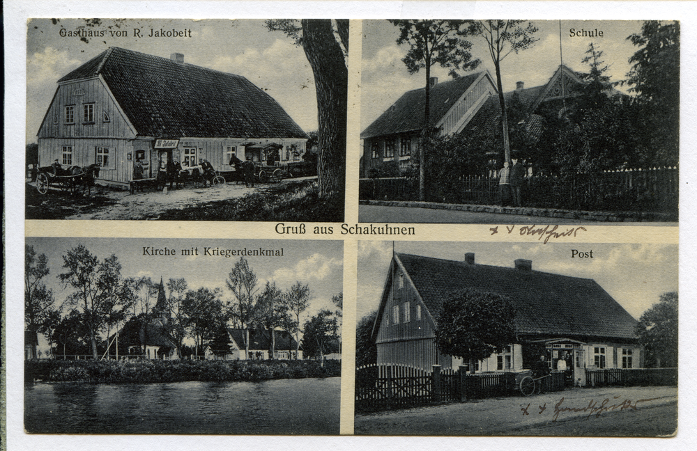 Schakuhnen, Gasthaus R. Jakobeit, Schule, Ev. Kirche mit Kriegerdenkmal, Post