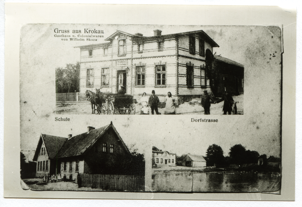 Krokau Kr. Neidenburg, Gasthaus/Kolonialwaren und Postagentur Wilhelm Skuza, Schule, Ortsansicht