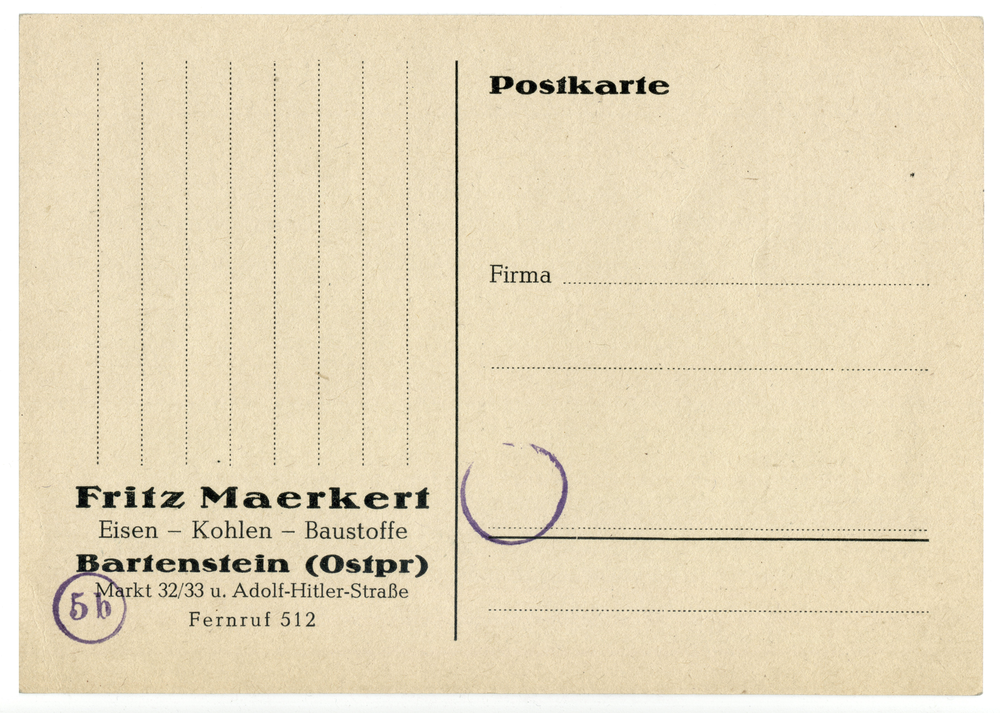 Bartenstein, Postkarte der Fa. Fritz Maerkert Eisen - Kohlen - Baustoffe