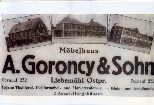 Liebemühl, Werbeanzeige der Fa. Möbelhaus A. Goroncy & Sohn, gegründet 1898