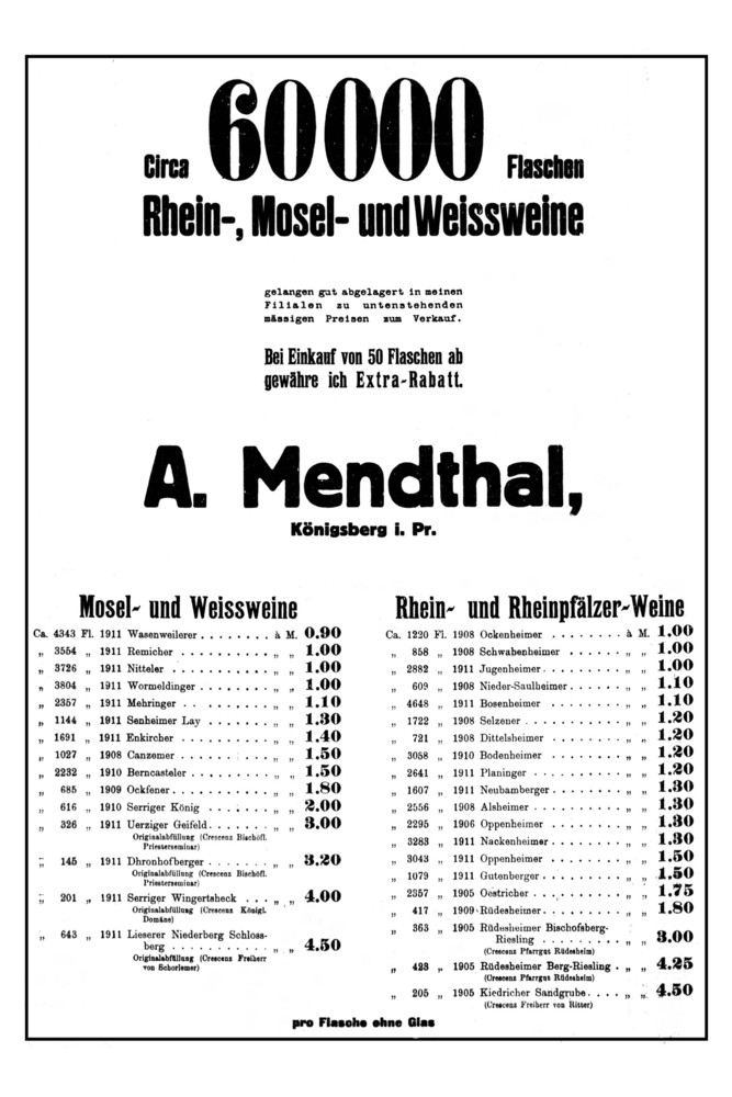 Königsberg (Pr.), Hinterrossgarten, A. Mendthal, Weinhandlung