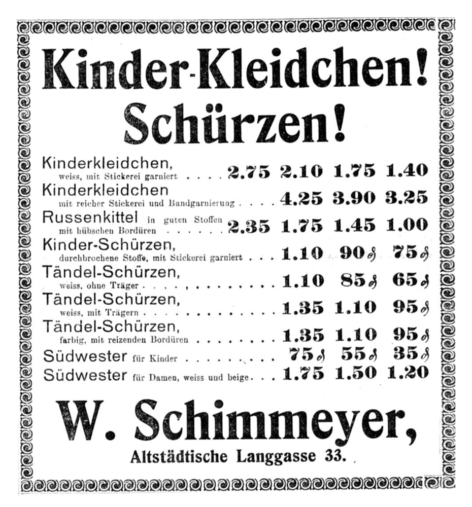Königsberg (Pr.), Langgasse, W. Schimmeyer, Kinderkleidchen, Schürzen