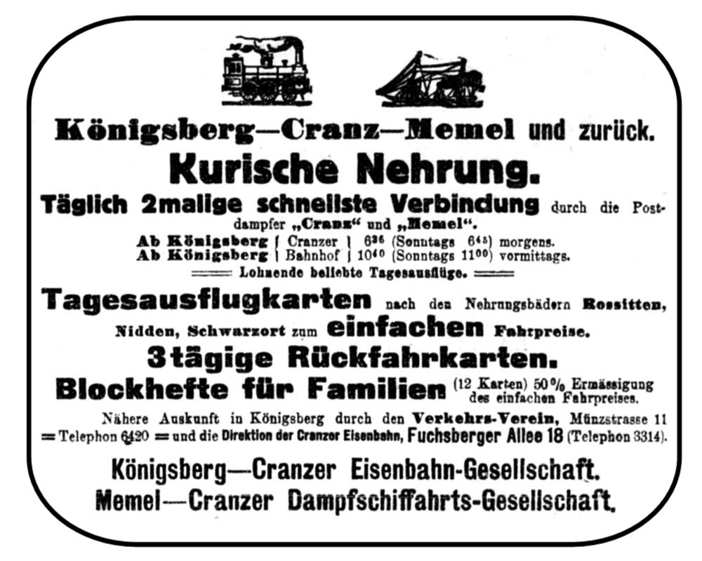 Königsberg, Münzstraße, Verkehrsverein, Zugverbindungen nach Cranz-Memel und zurück