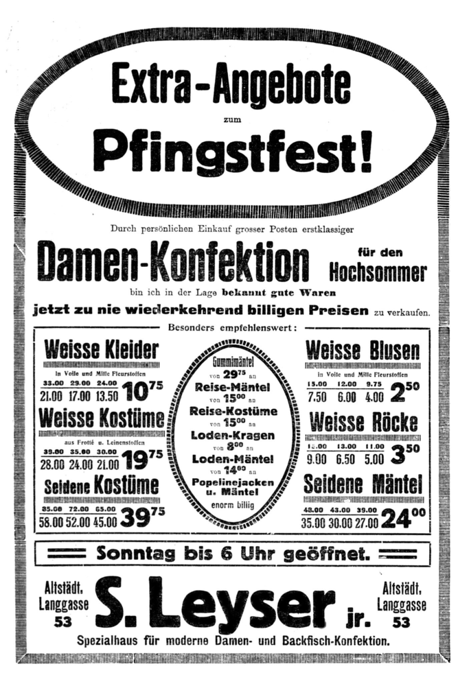 Königsberg (Pr.), Altst. Langgasse, S. Leyser jr., Damen Konfektion für Pfingsten