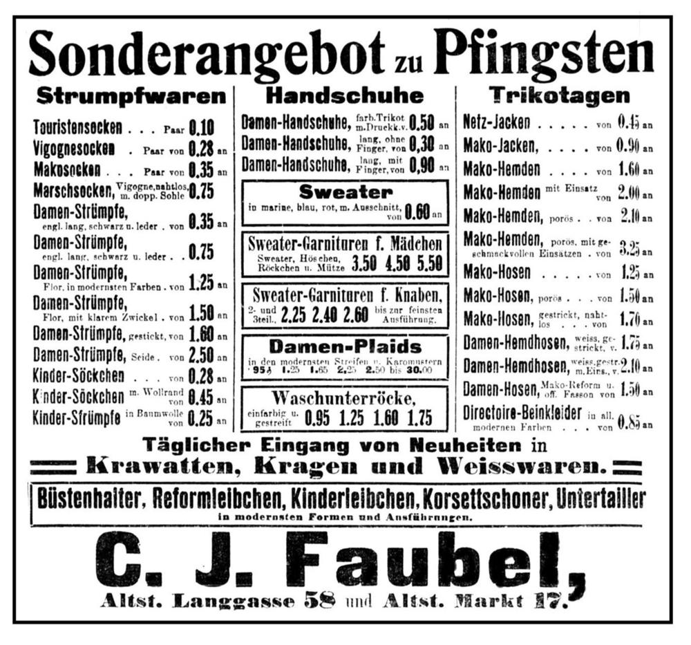 Königsberg, Altstädtische Langgasse, C J. Faubel, Trikotagen, Strumpfwaren, Handschuhe