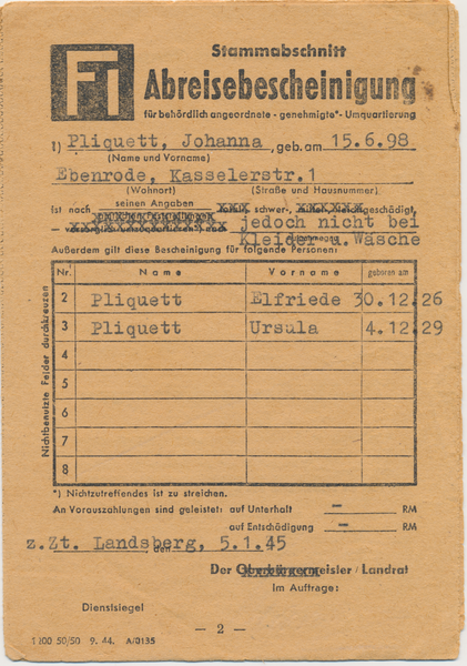 Ebenrode, Abreisebescheinigung vom 05.01.1945, für Johanna, Elfriede und Ursula Pliquett