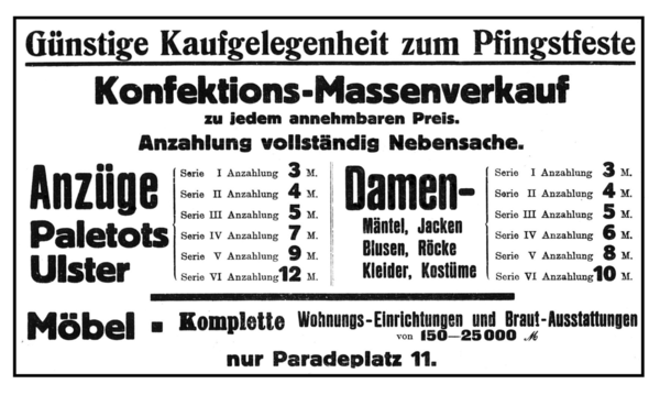 Königsberg (Pr.), Paradeplatz, Konfektion und Massenverkauf, Günstige Gelegenheit zum Pfingstfest