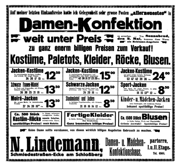 Königsberg (Pr.), Schmiedestraße, N. Lindemann, Damen-Konfektion