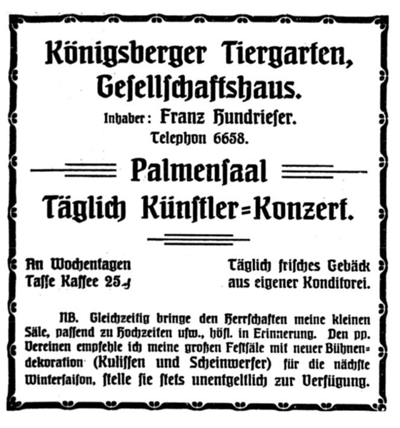 Königsberg (Pr.), Tiergarten, Gesellschaftshaus, Inh. Franz Hundrieser