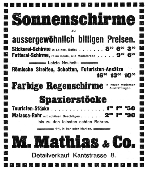 Königsberg (Pr.), Kantstraße, M. Mathias & Co, Sonnenschirme