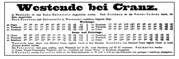 Westende bei Cranz, Bahn-Haltestelle, Fahrplan Cranz-Rosehnen