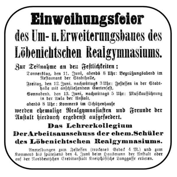 Königsberg, Löbenichtsche Realgymnasium, Einweihungsfeier des Um- und Erweiterungsbaues
