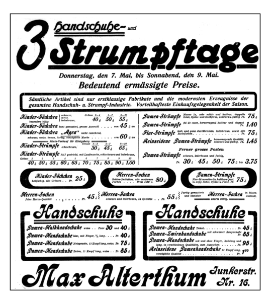 Königsberg, Junkerstraße, Max Alterthum, Handschuh- und Strumpfwaren