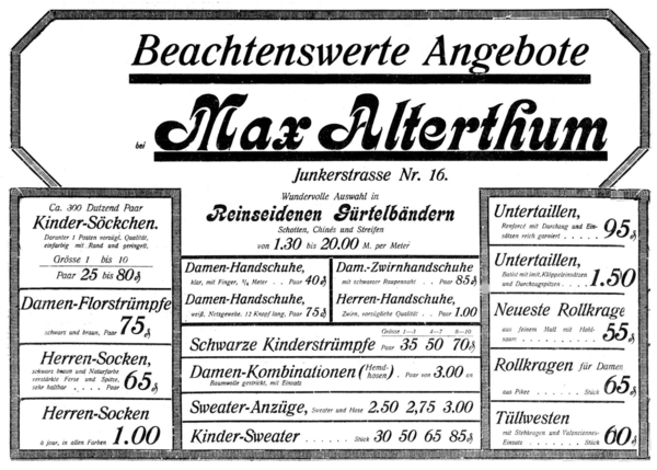 Königsberg, Junkerstraße, Max Alterthum, Handschuh- und Strumpfwaren