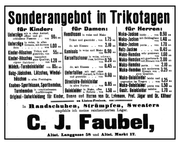 Königsberg, Altstädtische Langgasse, C J. Faubel, Trikotagen für Damen und Herren