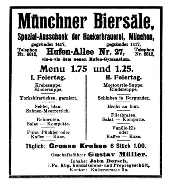 Königsberg, Hufenallee, Münchner Biersäle, Inh. John Dorsch, Spezial Ausschank