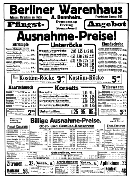 Königsberg, Französische Str., A. Bennheim, Berliner Warenhaus, Pfingstangebot