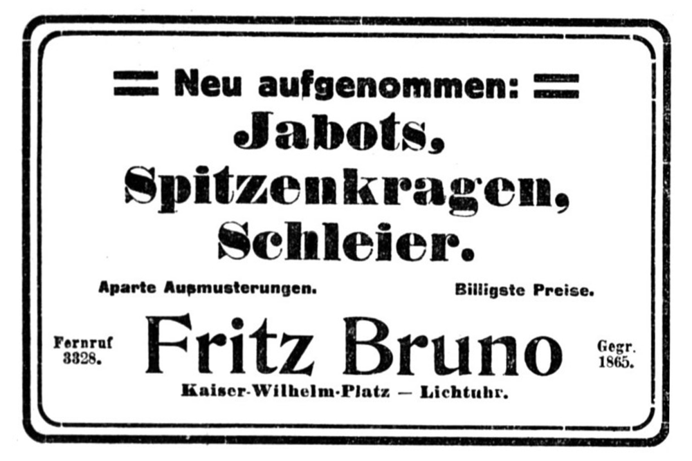 Königsberg (Pr.), Fritz Bruno, Maschinen-Strickerei, Jabots, Spitzrnkragen, Schleier