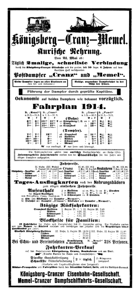 Königsberg, Königsberg-Cranzer-Eisenbahngesellschaft , Fahrplan der Postdampfer Cranz u. Memel