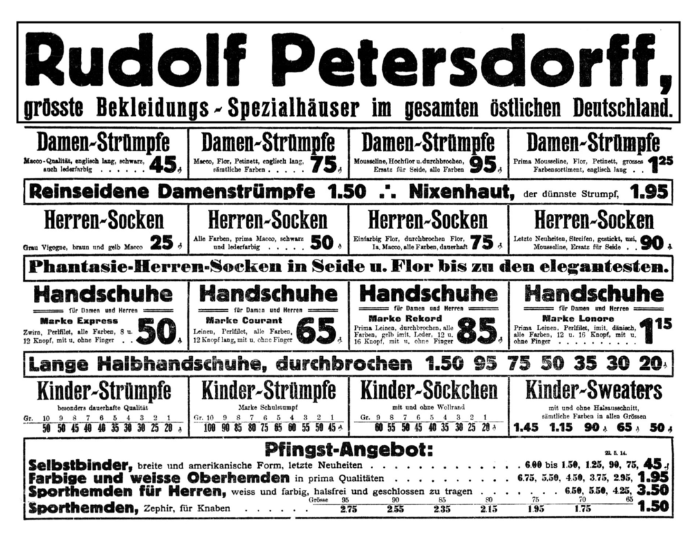 Königsberg (Pr.), Rudolf Petersdorff, Bekleidungshaus für Herren, Pfingstangebot