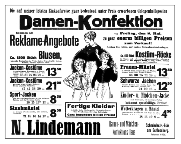 Königsberg (Pr.), Schmiedestraße, N. Lindemann, Damenkonfektion