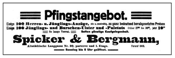 Königsberg, Altstädt. Langgasse, Spicker & Bergmann, Herrenbekleidung, Pfingstangebot