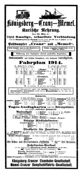 Königsberg, Königsberg-Cranzer-Eisenbahngesellschaft , Fahrplan der Postdampfer Cranz u. Memel