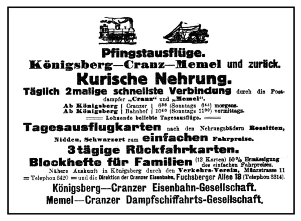 Königsberg (Pr.), Königsberg-Cranzer Eisenbahn-Gesellschaft, Fahrplan