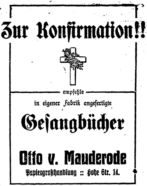 Tilsit, Hohe Str., Gesangbücher, O. v. Mauderode, Anzeige