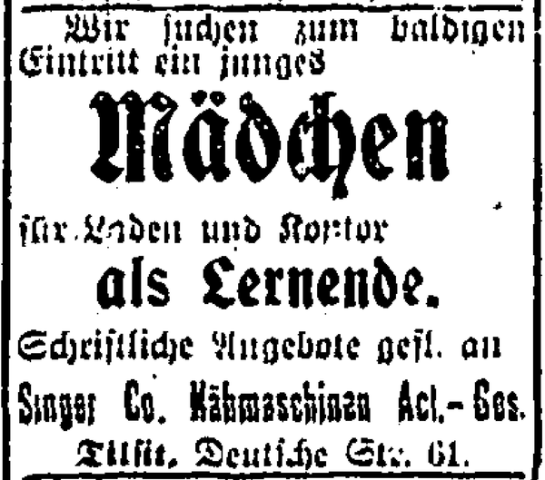 Tilsit, Deutsche Str. 61, Nähmaschien Singer & Co., Anzeige