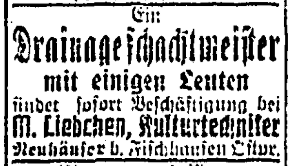 Neuhäuser b. Fischhausen, Kulturtechniker M. Liebchen, Anzeige