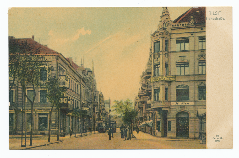 Tilsit, Hohe Str. Ecke Saarstr. (fr. Kirchenstr.), Schenkendorfplatz, Blick nach Westen