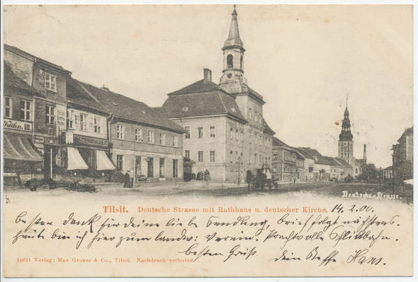 Tilsit, Deutsche Str. mit Rathaus, Blick nach Osten