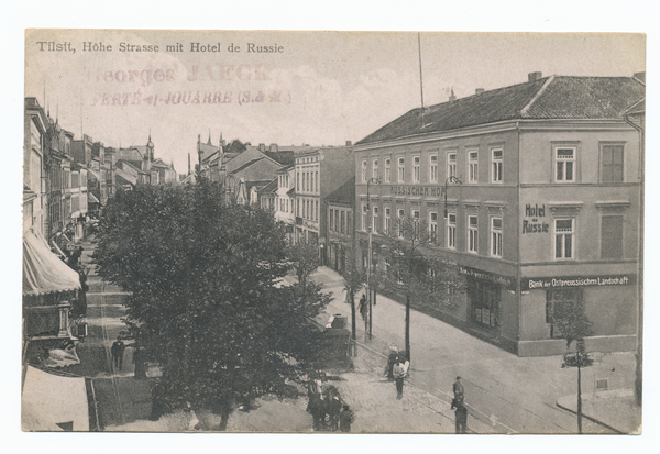 Tilsit, Hohe Str. im Bereich des Hotels "de Russie" (Kreuzung Langgasse), Blick nach Osten